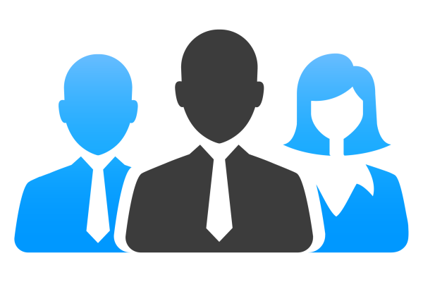 Icon with two blue business people  standing either side behind grey front person