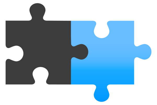 Two pieces of a jigsaw icon, one grey piece one blue piece