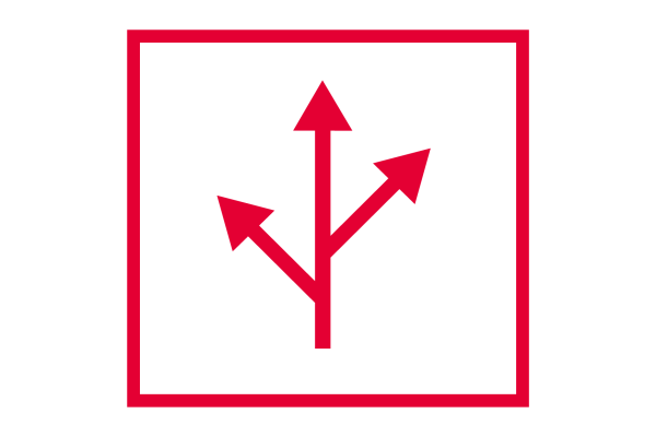 Cubiks' Simulations Icon in red of box with path branching into three direction arrows in center