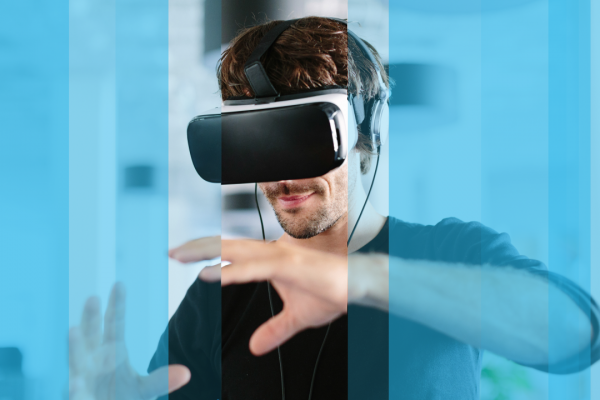 Man wears virtual reality VR headset for talent management solution assessment